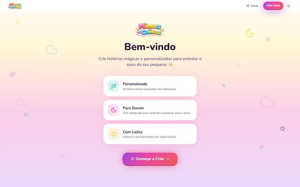 Página inicial do Mimos e Contos convidando o responsável a criar uma história personalizada