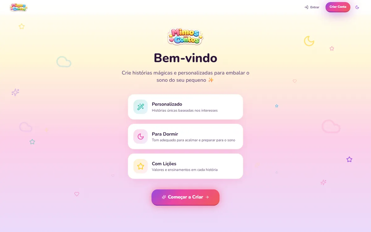 Página inicial do Mimos e Contos convidando o responsável a criar uma história personalizada