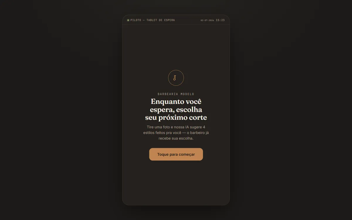 Tela inicial do tablet de barbearia convidando o cliente a escolher o próximo corte com sugestão da IA