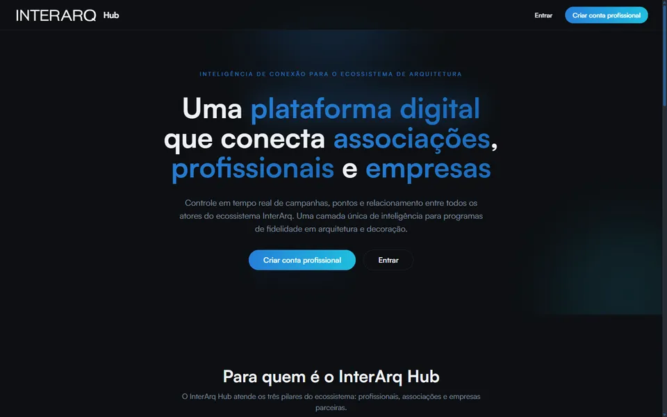 Página inicial da plataforma InterArq Hub conectando profissionais, associações e empresas de arquitetura