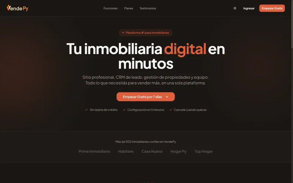 Página inicial da plataforma VendePy voltada para imobiliárias