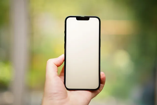 Mão segurando smartphone com tela em branco ao ar livre