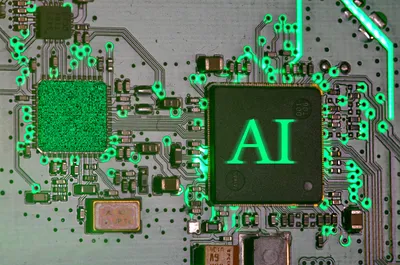 Chip de inteligência artificial iluminado sobre placa de circuito eletrônico